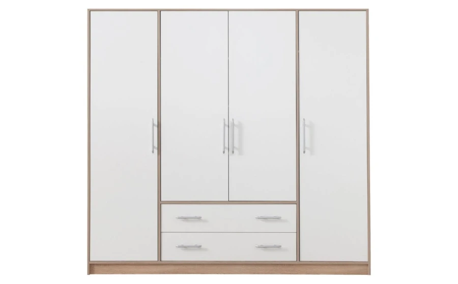 Witte kledingkast met 4 deuren, 2 laden en accenten in eiken-optiek