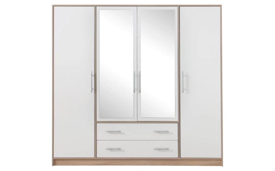Weißer 4-türiger Kleiderschrank mit zwei Spiegeltüren und zwei Schubladen