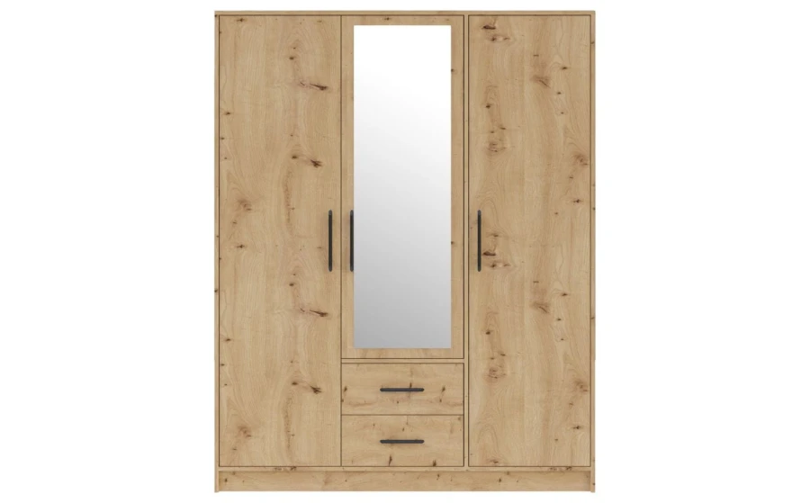 Kleiderschrank in Eiche-Optik mit Spiegeltür, 3 Türen und 2 Schubladen