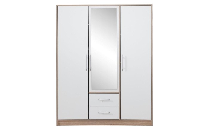 Weißer 3-türiger Kleiderschrank mit Spiegel, Schubladen und Eiche-Korpus