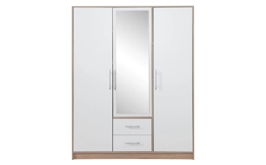 Weißer 3-türiger Kleiderschrank mit Spiegel, Schubladen und Eiche-Korpus