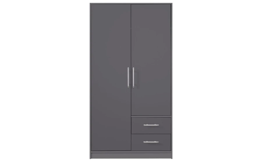 Grauer 2-türiger Kleiderschrank mit zwei Schubladen, zeitloses Design