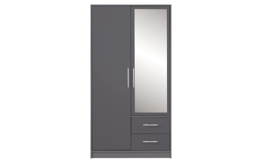 Dunkelgrauer Schlafzimmerschrank mit Spiegeltür und zwei Schubladen.