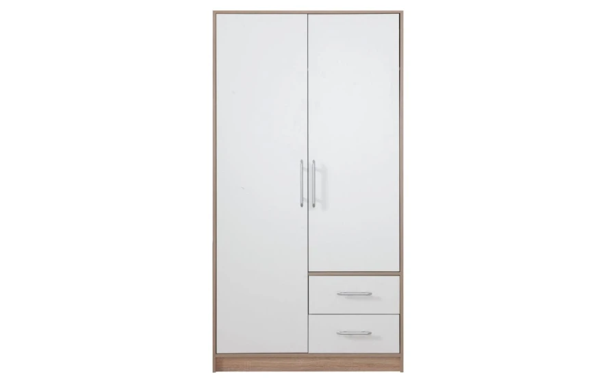 Eleganter Kleiderschrank in Weiß mit Holzdekor und zwei Schubladen.
