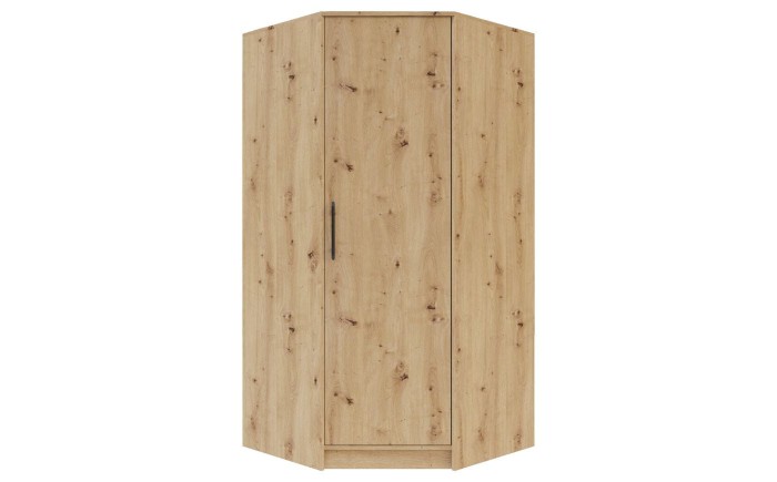 Platzsparender Eckkleiderschrank in natürlicher Eiche-Optik.