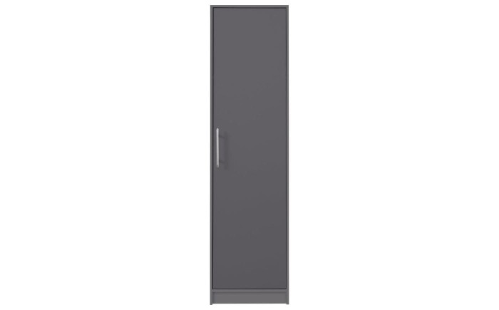 Schmaler grauer Kleiderschrank mit einer Tür und Metallgriff