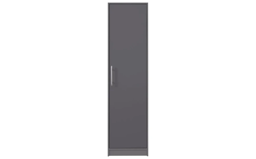Schmaler grauer Kleiderschrank mit einer Tür und Metallgriff