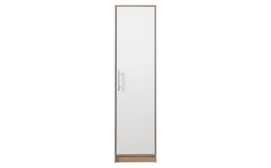 Hoher schmaler Schrank in Eiche-Optik mit weißer Türfront und Metallgriff.