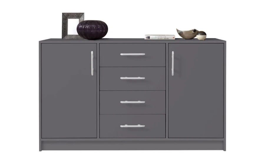 Großes Sideboard in Anthrazit mit 2 Türen und 4 mittigen Schubladen.