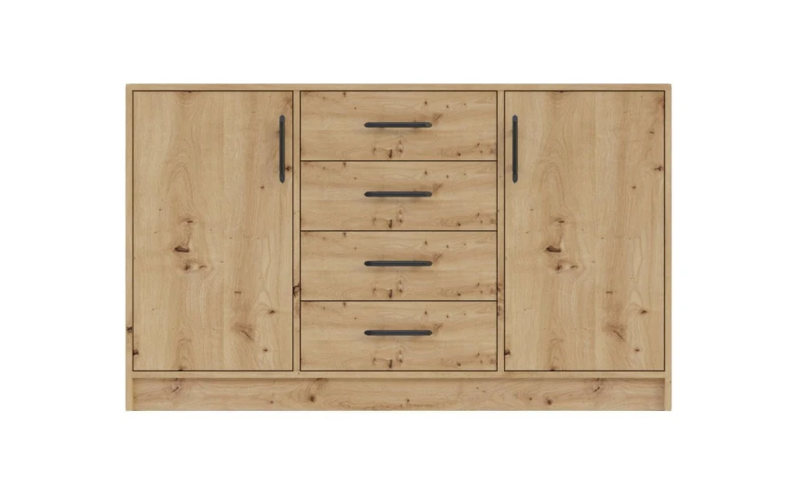 Rustikales Sideboard in Eiche-Nachbildung mit 4 Schubladen und 2 Türen.