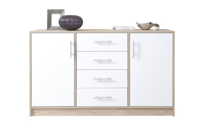 Modernes Sideboard in Sonoma Eiche mit weißen Fronten und 4 Schubladen.