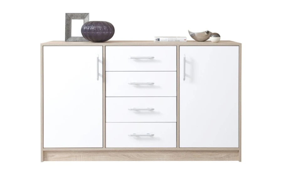 Modernes Sideboard in Sonoma Eiche mit weißen Fronten und 4 Schubladen.