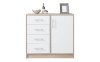 White chest of drawers with wood accents, 4 drawers and 1 door for the bedroom.