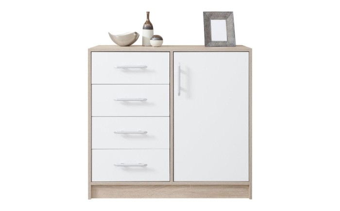 Weiße Kommode mit Holz-Akzenten, 4 Schubladen und 1 Tür für das Schlafzimmer.