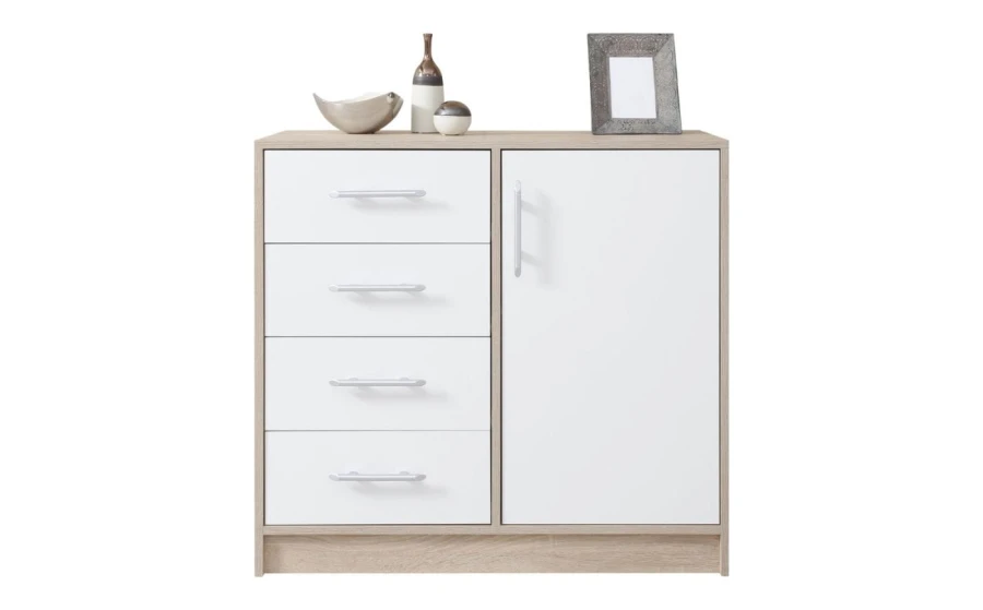 White chest of drawers with wood accents, 4 drawers and 1 door for the bedroom.