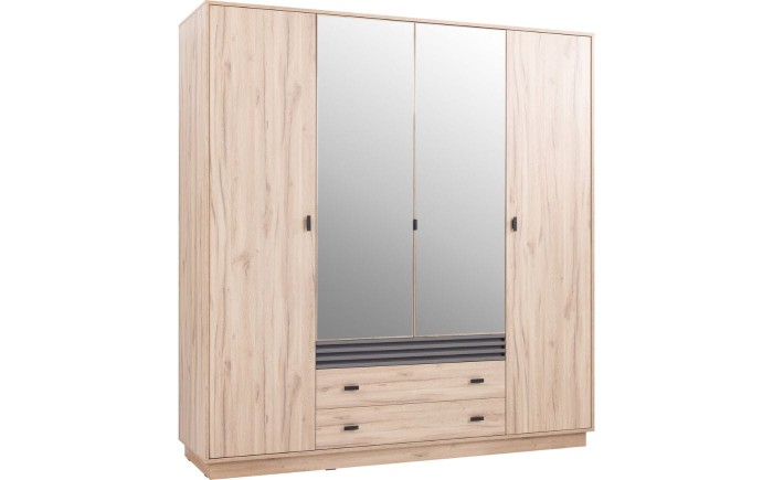 Kleiderschrank in Eichenoptik mit zwei Spiegeltüren und zwei Schubladen.