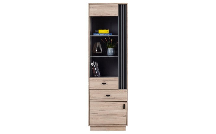 Schmales Highboard in Eiche-Optik mit offenen Regalfächern und Schubladen im modernen Design.