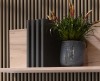 Dekorative Pflanze in blauer Motiv-Vase vor einer stilvollen Wand aus hellen Holzlamellen.