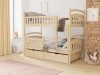 Children's bunk bed made of natural pine wood with two bedding box drawers.