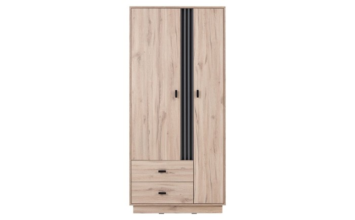 Zweitüriger Kleiderschrank in Eichen-Optik mit schwarzen Zierleisten und Schubladen.