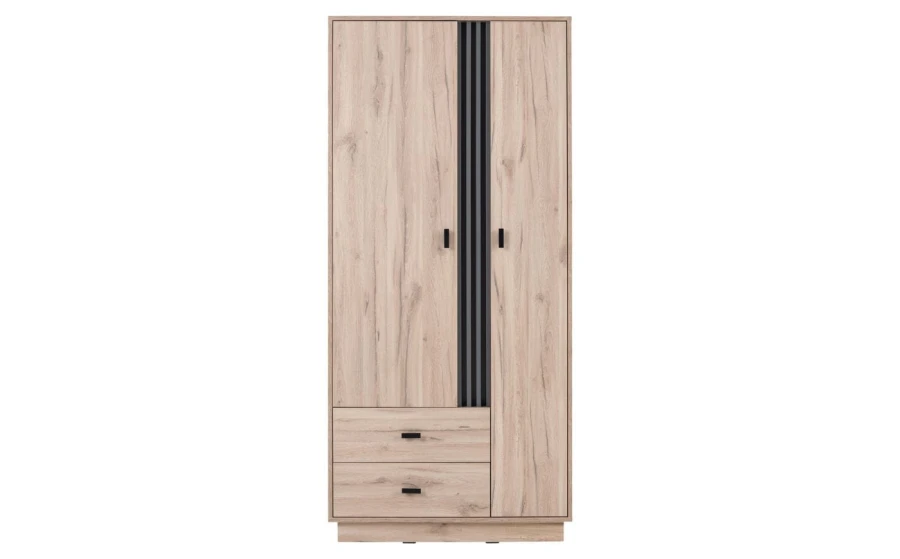 Zweitüriger Kleiderschrank in Eichen-Optik mit schwarzen Zierleisten und Schubladen.