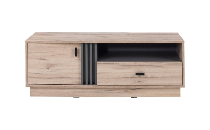 Modernes Lowboard in Eiche-Nachbildung mit Schublade, Tür und offenem Fach.