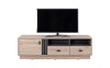 Modernes TV-Board in Holzoptik mit grauen Akzenten und zwei Schubladen.