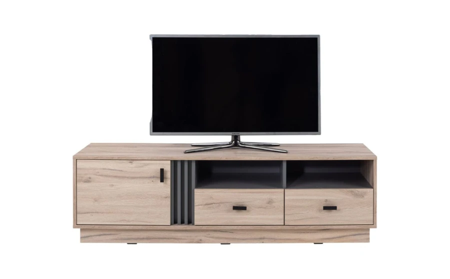 Modernes TV-Board in Holzoptik mit grauen Akzenten und zwei Schubladen.