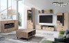 Wohnzimmer-Einrichtungsidee mit TV-Möbeln, Vitrinenschränken und Teppich in Eiche-Optik.
