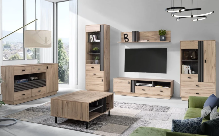 Wohnzimmer-Einrichtungsidee mit TV-Möbeln, Vitrinenschränken und Teppich in Eiche-Optik.