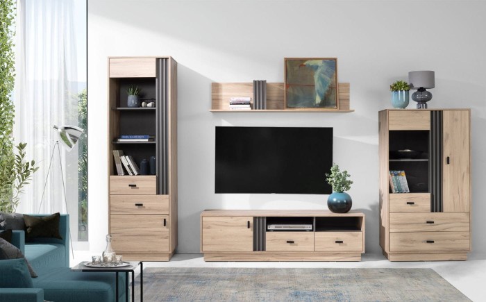 Komplette Wohnwand-Kombination in Eiche und Anthrazit für ein modernes Wohnzimmer.