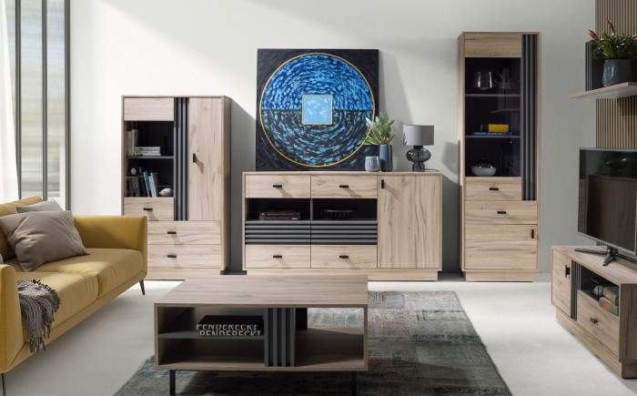 Komplettes Wohnzimmer-Möbelset in heller Eiche mit grauen Akzenten.
