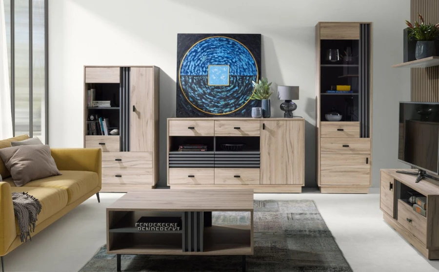 Komplettes Wohnzimmer-Möbelset in heller Eiche mit grauen Akzenten.