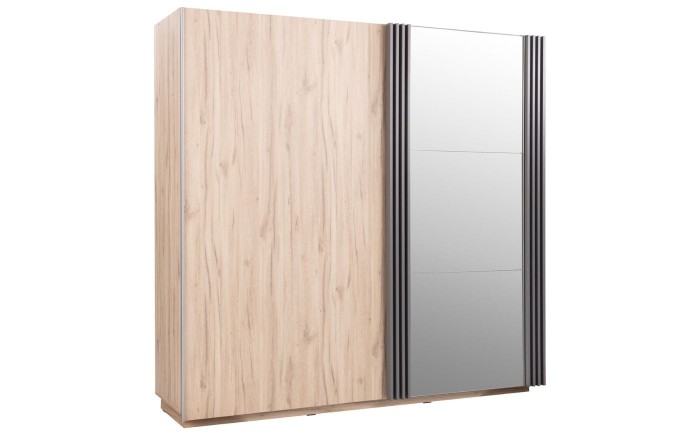 Moderner Schwebetürenschrank in Eiche-Optik mit großem Spiegel und grauen Lamellen.
