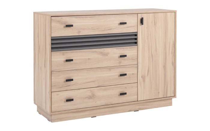 Elegantes Sideboard in Eiche-Nachbildung mit modernen anthrazitfarbenen Lamellen-Akzenten.