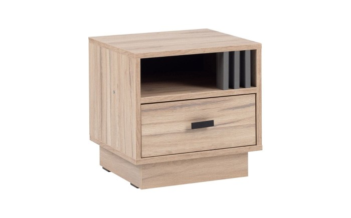 Kompakte Nachtkonsole aus Holz in Eiche-Optik mit geschlossener Schublade und schwarzem Griff.