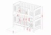 Technical drawing of a wooden children's bunk bed with detailed measurements in red.