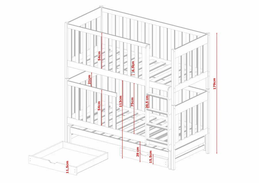 Technical drawing of a wooden children's bunk bed with detailed measurements in red.