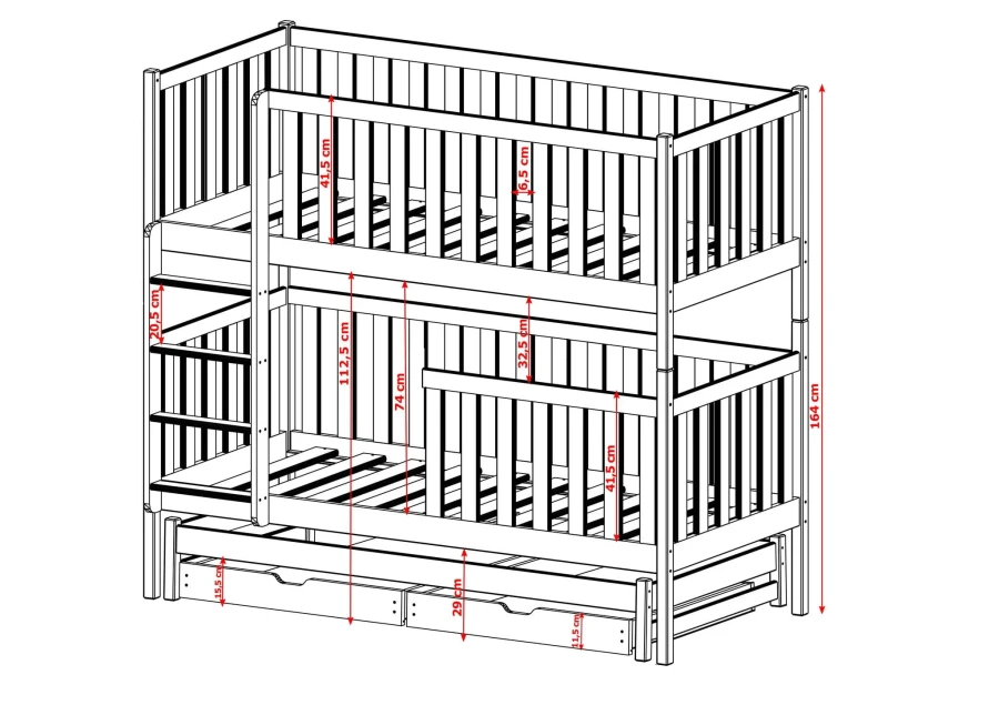 Detailed dimensions and height specifications of the bunk bed with pull-out function.