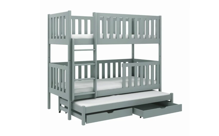 Grey bunk bed for 3 people with a pull-out third sleeping surface and two drawers.