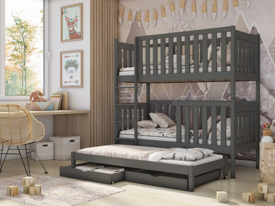 Donkergrijs stapelbed voor drie kinderen met uitschuifbaar bed en twee lades in de kinderkamer.