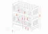 Dimensional sketch for a bunk bed with three sleeping levels and detailed information on heights and widths in cm.