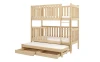 Bunk bed made of light natural wood for three people with integrated pull-out bed and storage drawers.