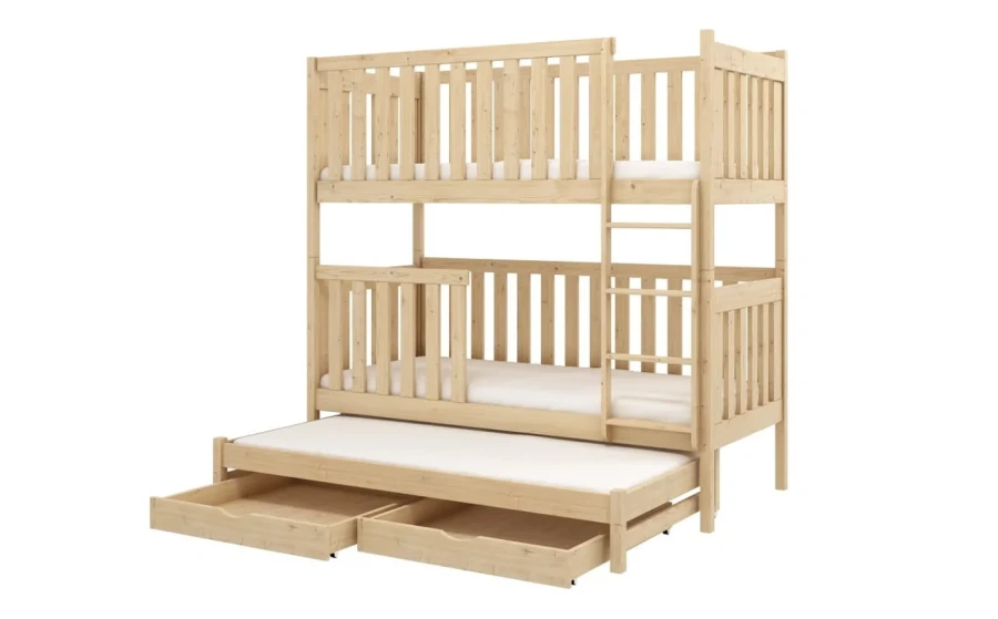 Bunk bed made of light natural wood for three people with integrated pull-out bed and storage drawers.