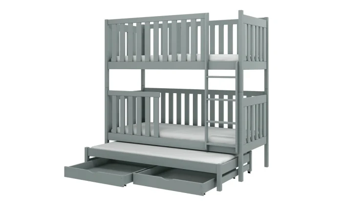 Graues Etagenbett mit ausziehbarem Gästebett und zwei Schubladen für das Kinderzimmer.