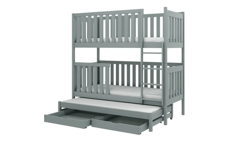 Grijs stapelbed met uitschuifbaar gastenbed en twee lades voor de kinderkamer.
