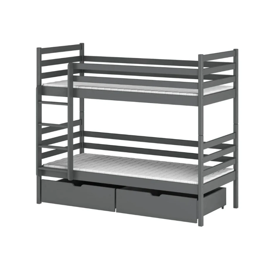 Graues Etagenbett aus Massivholz mit zwei praktischen Schubladen für Kinder.