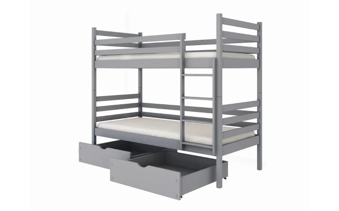 Graues Doppelstockbett mit ausgezogenen Unterbettladen für extra Stauraum.