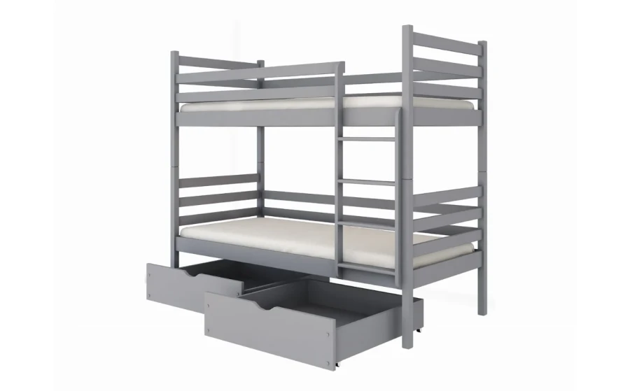 Graues Doppelstockbett mit ausgezogenen Unterbettladen für extra Stauraum.