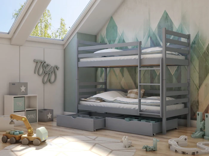 Modernes Kinderzimmer mit grauem Etagenbett und Spielzeug unter einer Dachschräge.
